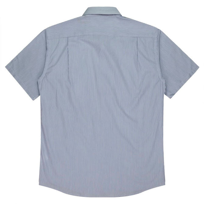 Short-sleeve button-up shirt in light blue with a subtle stripe pattern, featuring a back yoke and branding.