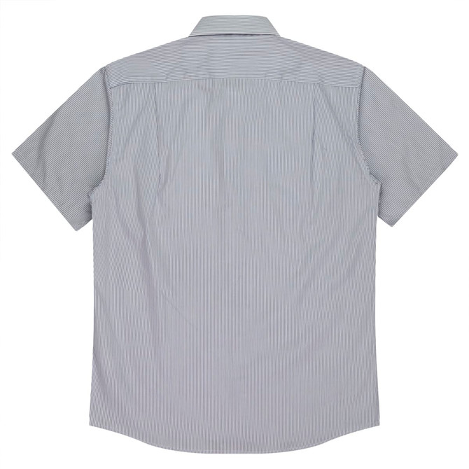 A short-sleeve button-up shirt featuring a blue and white striped pattern, with a collar and a logo detail.