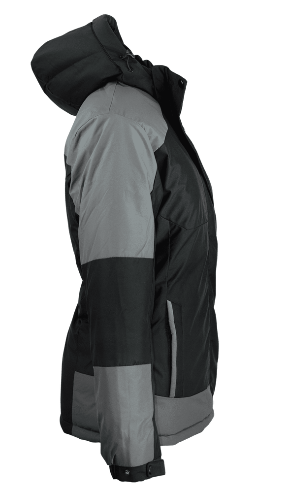 A black and grey jacket with a hood, featuring a logo on the side.
