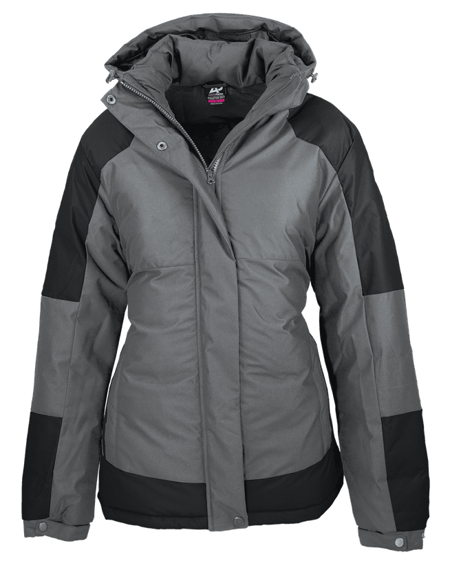A women's jacket in grey with black accents, featuring a hood and zippered front, with branding.