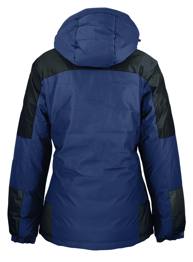A navy and black jacket with a hood, featuring a sleek design and a logo on the back.