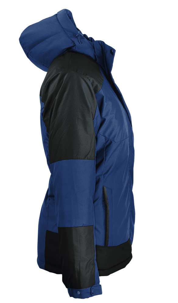 A blue and black jacket with a hood, featuring a branding logo on the sleeve.