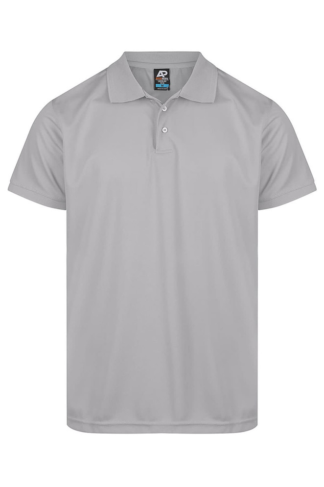 A light grey polo shirt featuring a collar and button placket, with a logo on the label.