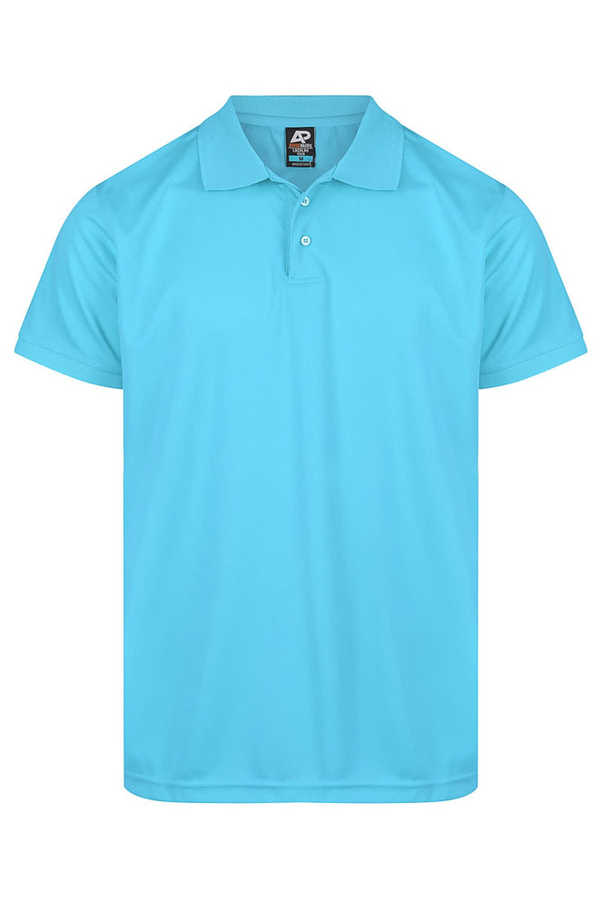 A turquoise polo shirt with a collar, short sleeves, and a logo on the label.