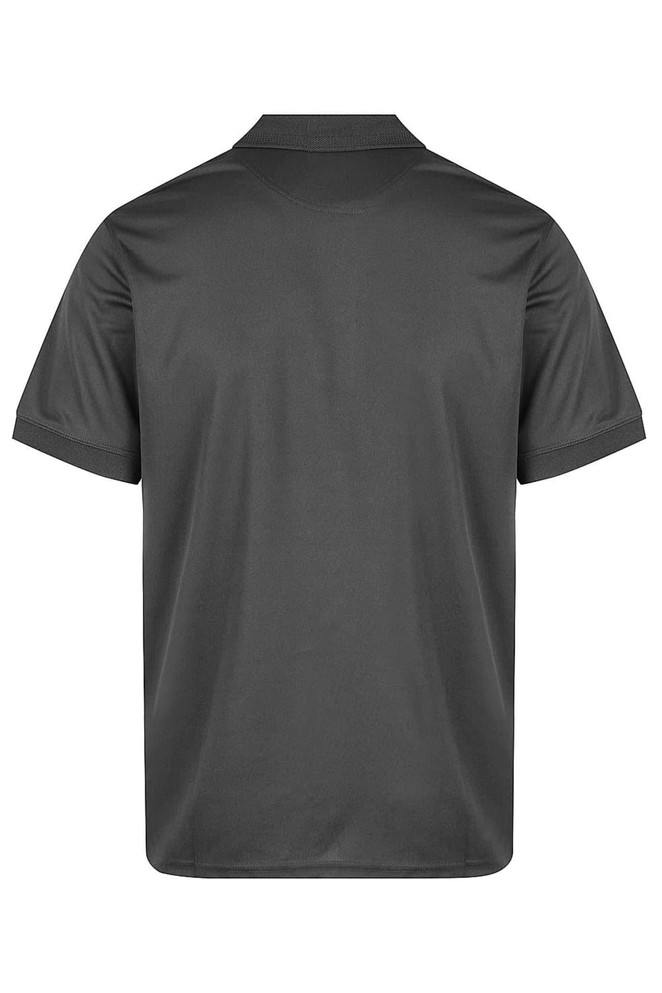 A grey polo shirt with a classic collar, featuring a back view and no visible logos.