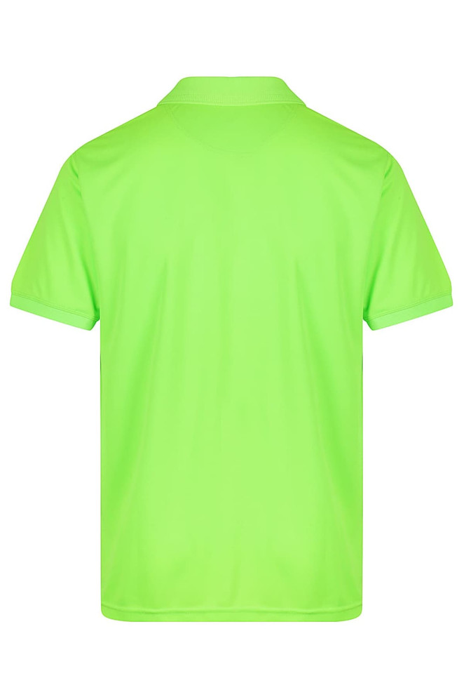 A bright green polo shirt with a collar and short sleeves. It features a logo on the back.