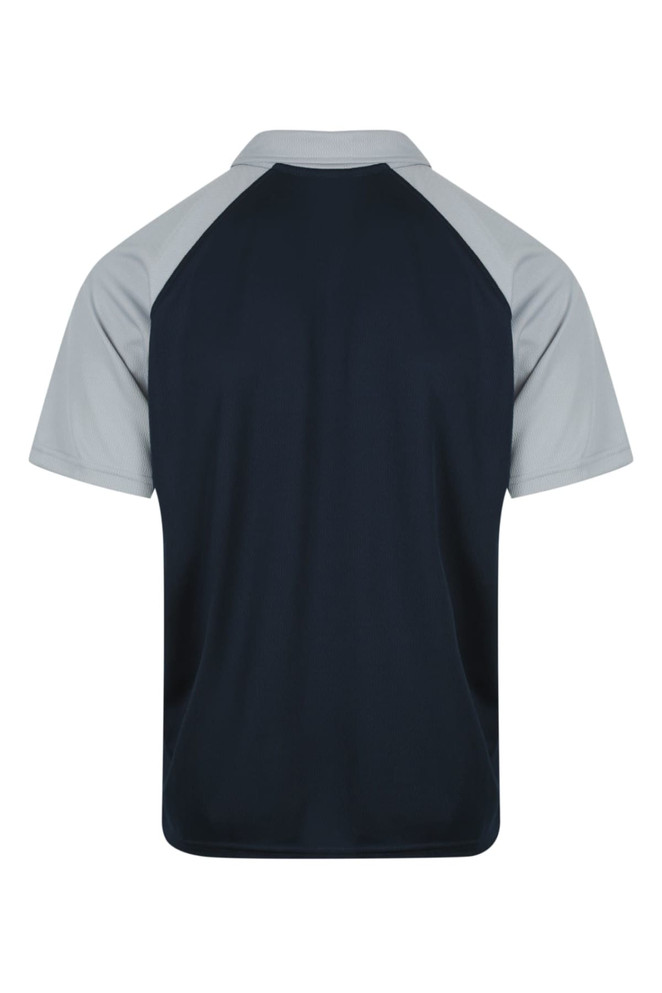 A navy and light grey polo shirt with a raglan design, featuring short sleeves and a collar.