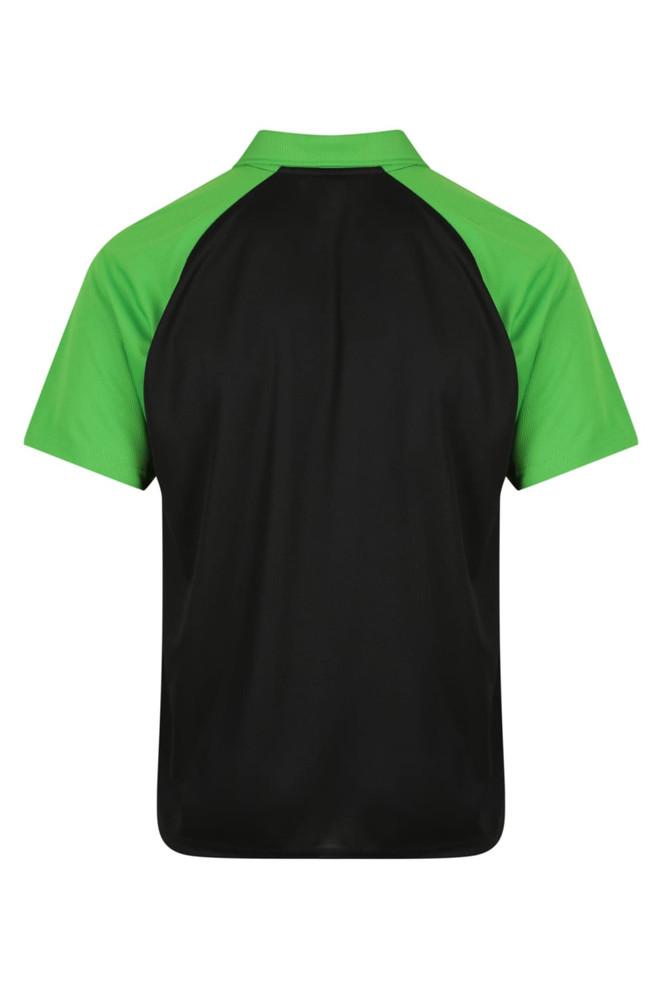 A polo shirt featuring a black body and vibrant green sleeves, with a logo on the back.