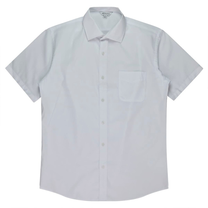 A short sleeve button-up shirt in white with a single chest pocket and a logo on the label.