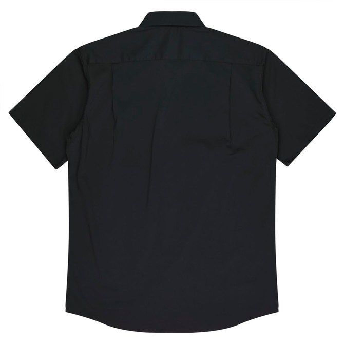A short sleeve black button-up shirt featuring a simple design. Includes a logo on the front.