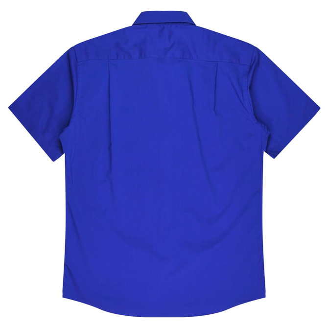 A blue short-sleeve button-up shirt featuring a back yoke and a brand logo.