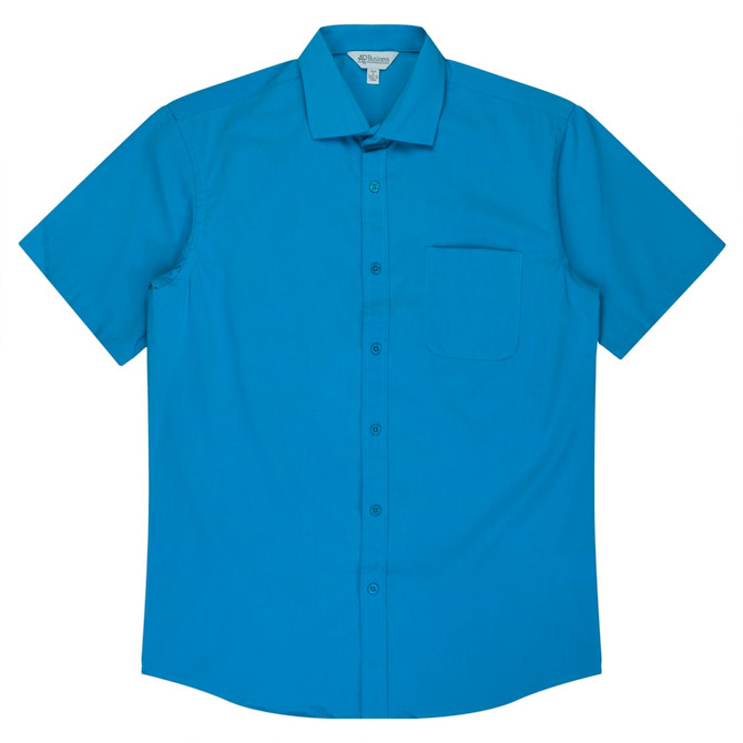 A short sleeve button-up shirt in bright blue, featuring a single chest pocket and a collar. It has a branding logo.