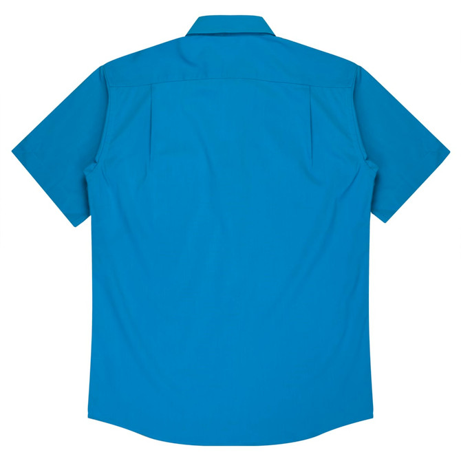 A short sleeve button-up shirt in a vibrant blue colour, featuring a simple design and back pleats.