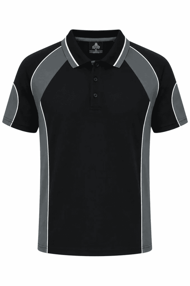 A black polo shirt with grey accents and a logo on the chest, featuring a classic collar and short sleeves.