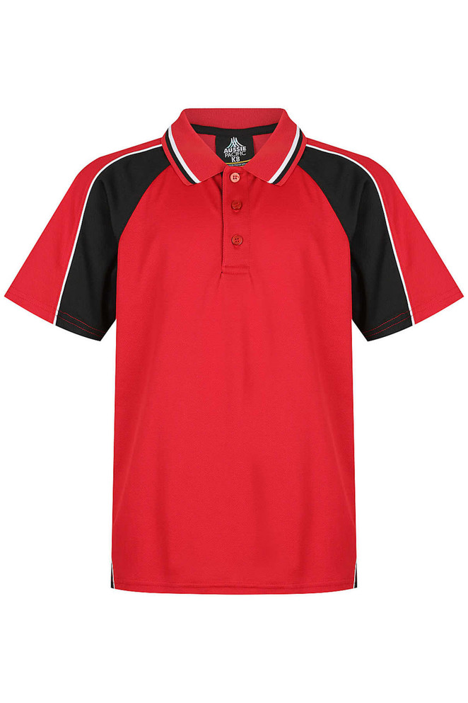 A red polo shirt with black raglan sleeves and a logo, featuring a three-button placket and contrasting trim.