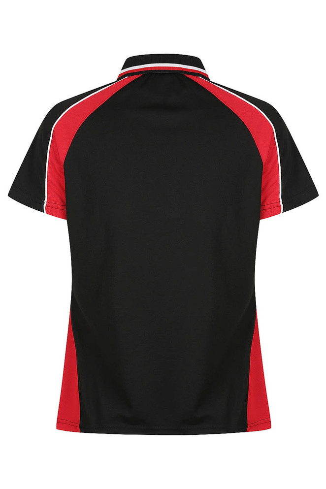 A black and red polo shirt with a sporty design and contrasting white piping, featuring a logo.