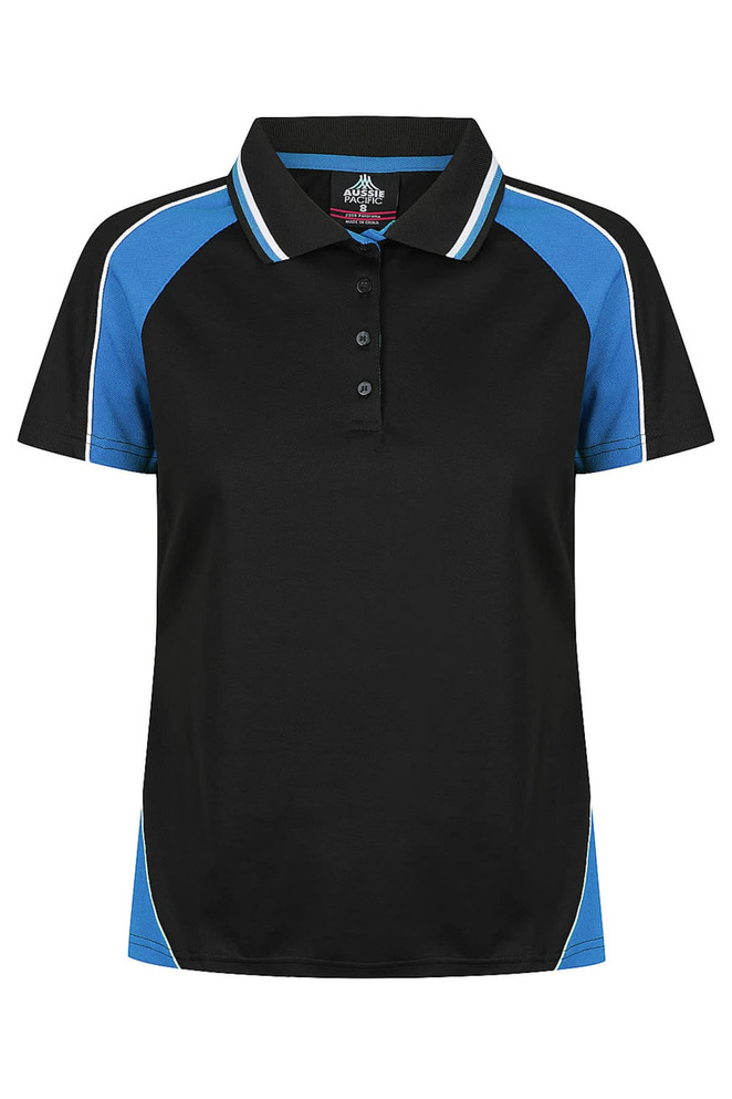 A black polo shirt featuring blue accents and a logo. Structured collar with button closure.