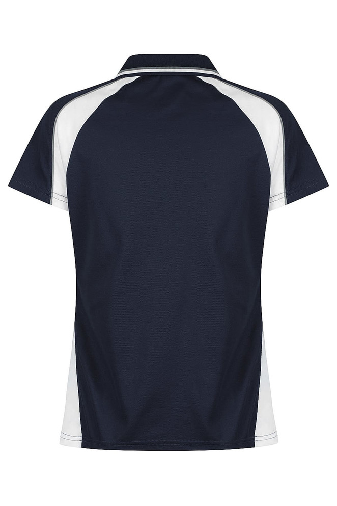 A navy polo shirt with white side panels and a collar. The shirt features branding on it.
