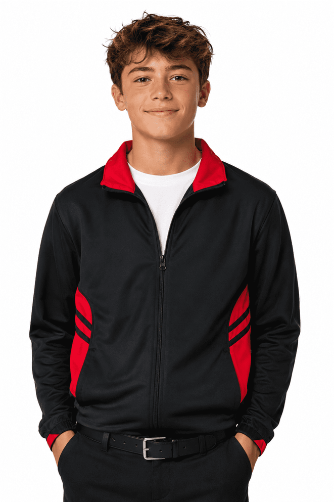 A black tracktop with red accents and a zip-up front, featuring a collar and side stripes.