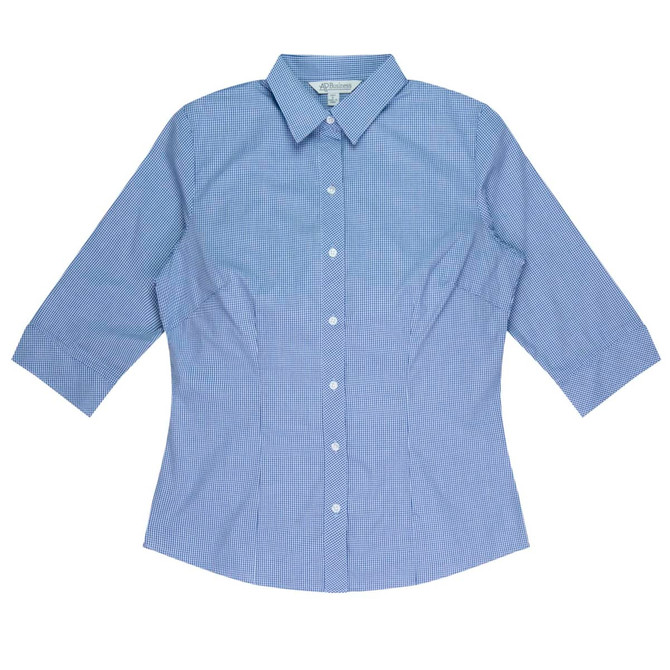 A blue and white checked button-up shirt with 3/4 sleeves and a collar. It has a logo on the chest area.
