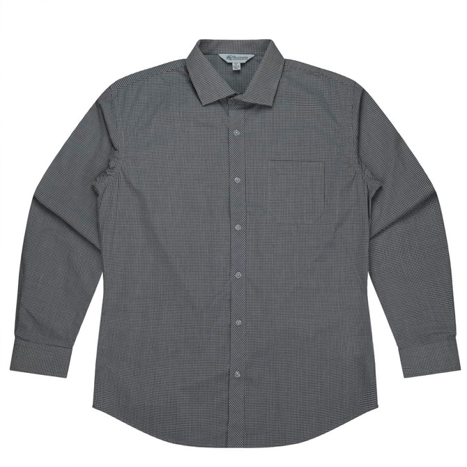 A long sleeve button-up shirt in a checkered pattern featuring shades of black and white, with a chest pocket.