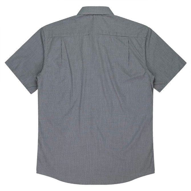 A short-sleeve button-up shirt in a grey check pattern, featuring a back yoke and logo branding.