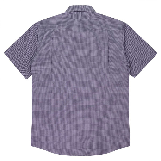A short sleeve button-up shirt in a navy and white check pattern, featuring a back yoke design and a logo.
