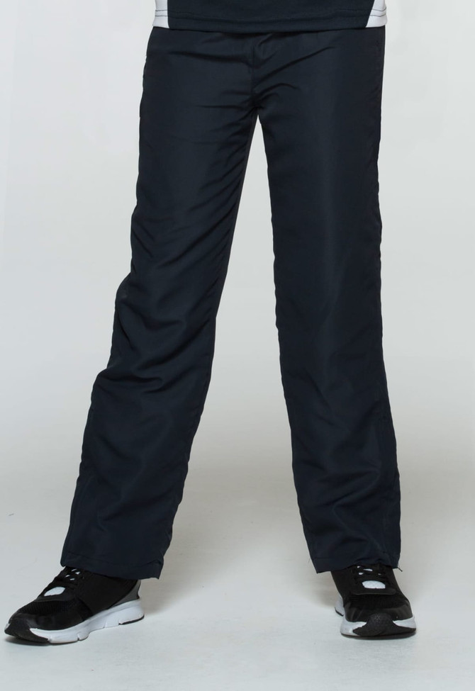 Track pants in black, designed for kids, featuring a loose fit and simple styling. The image includes a branded logo.