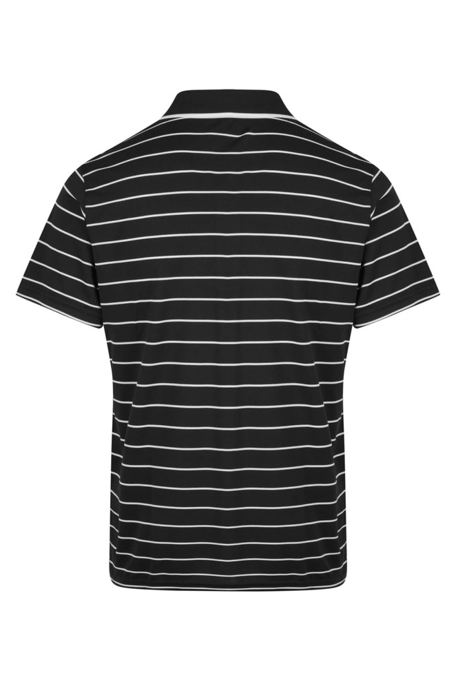 A black and white striped polo shirt with a classic collar and short sleeves, featuring a logo.