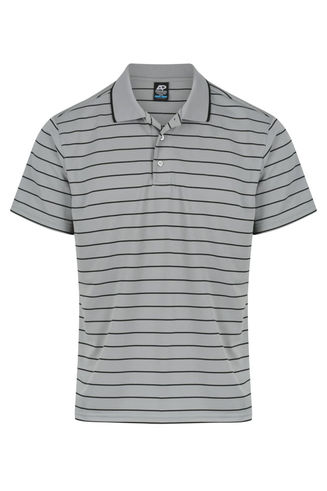 A grey striped polo shirt featuring a collar and short sleeves, with a logo on the label.