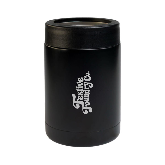 A black drink bottle with a silver logo, featuring a sleek, cylindrical design.
