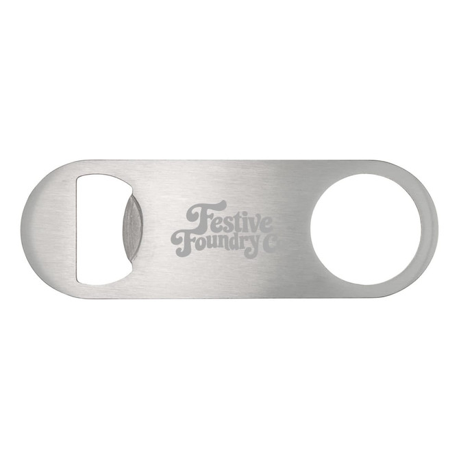 A silver bottle opener with a circular cutout and an engraved logo. Simple and sleek design.