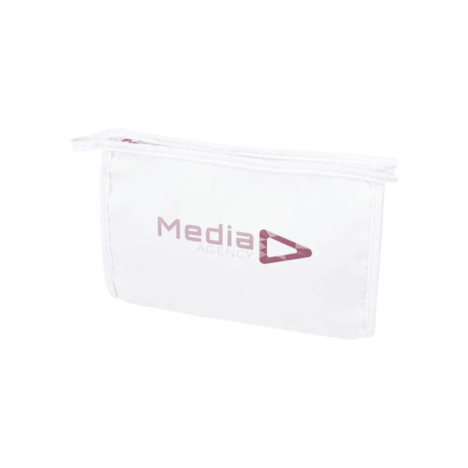 A white toiletry pouch featuring a zip closure and a branding logo in purple.