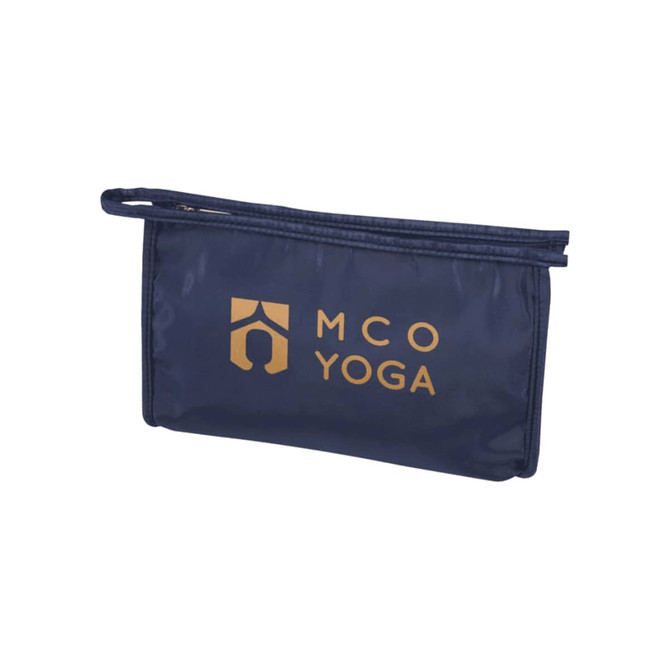 A navy blue toiletry pouch with a zippered closure and a branding logo on one side.