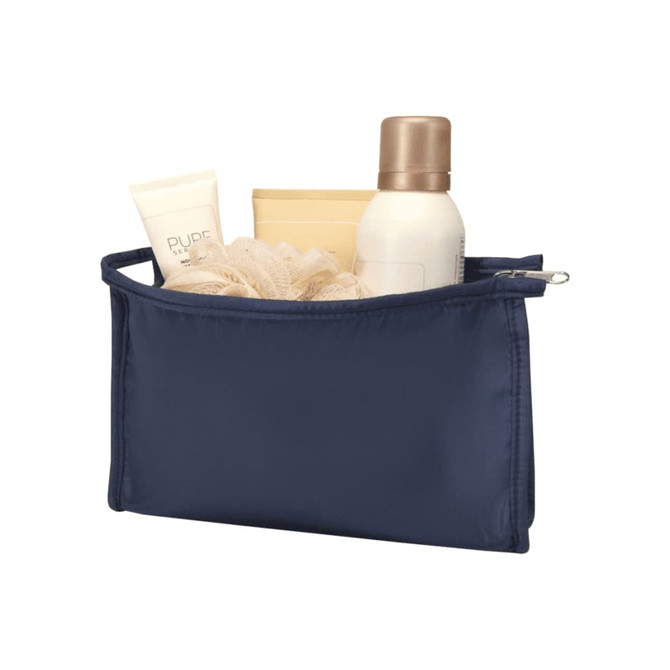 A navy toiletry pouch containing various beauty products, including lotions and a loofah, with a visible logo.