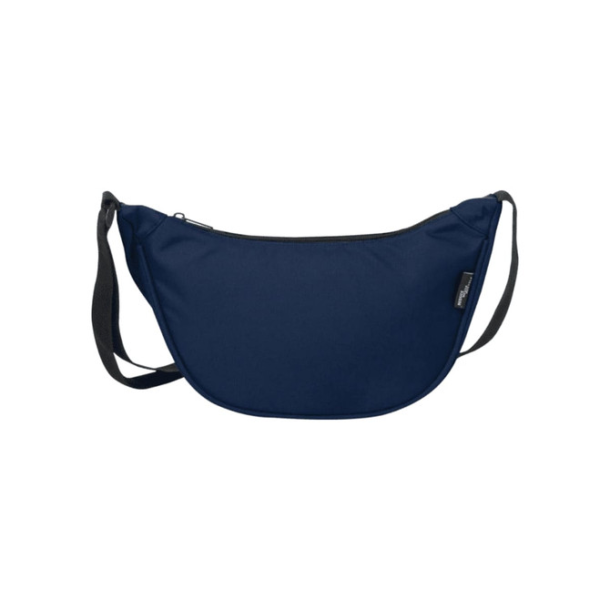A navy blue waist bag with a curved design, featuring a zipper closure and an adjustable strap. It has a logo.