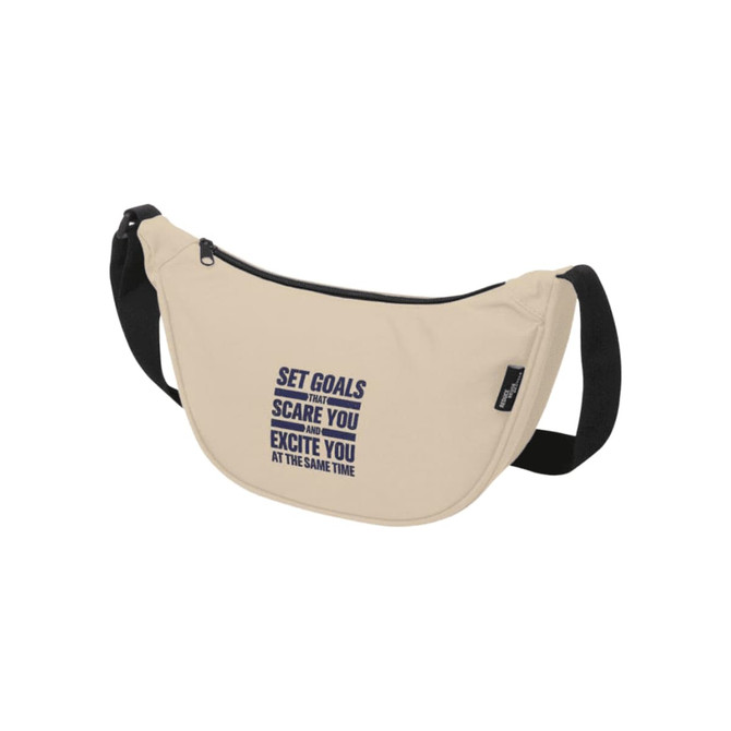 A beige waist bag with a black strap and a logo, featuring a motivational text design in navy blue.