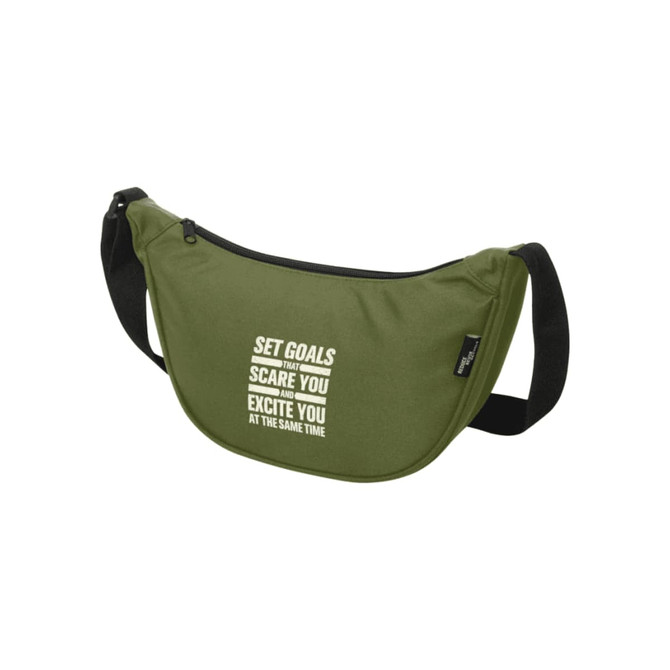 An olive green waist bag with a shoulder strap and a logo, featuring a motivational text design.