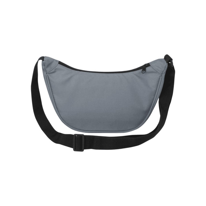 A grey recycled waist bag with a zip closure and an adjustable black strap. It features a logo.