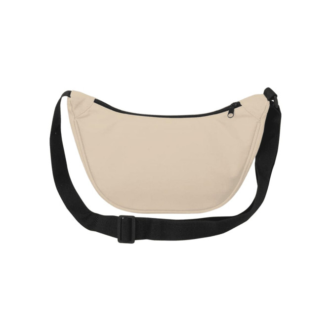 A beige waist bag with a black strap and a zippered compartment, featuring a logo.
