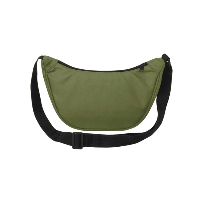 An olive green waist bag with a black adjustable strap and a zippered compartment. It features a logo.