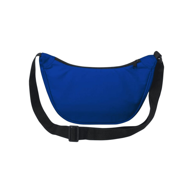 A blue waist bag with a black strap and zip closure, featuring a logo.