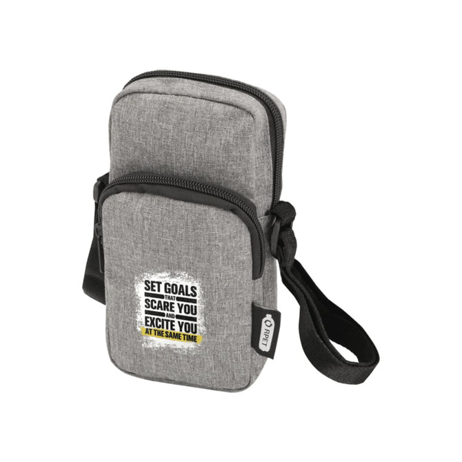 A grey, textured recycled phone pouch with a strap and a zippered compartment, featuring a logo and motivational text.