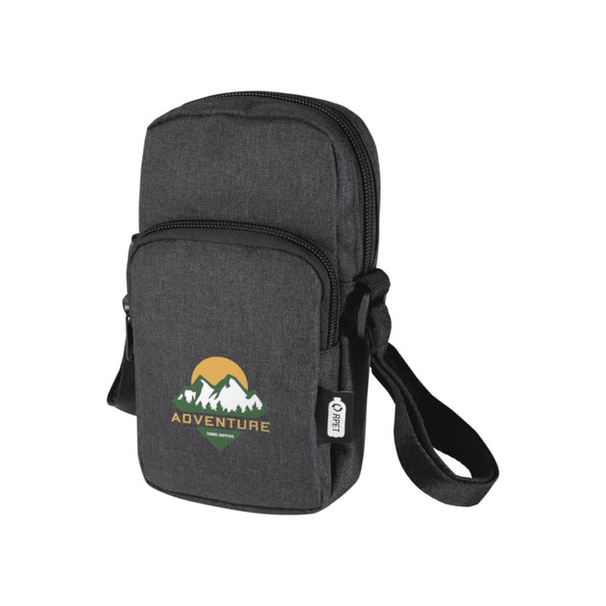 A grey recycled phone pouch with a zip closure, featuring a logo and an adjustable strap.