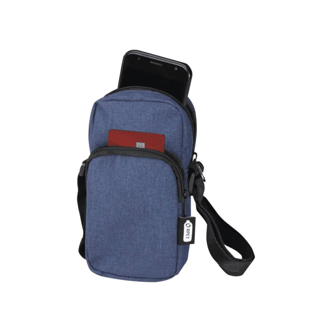 A blue recycled phone pouch with a phone and card visible, featuring a strap and a branded tag.
