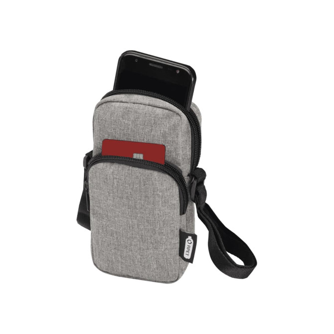A grey recycled phone pouch with a zippered design, holding a phone and featuring a card slot.