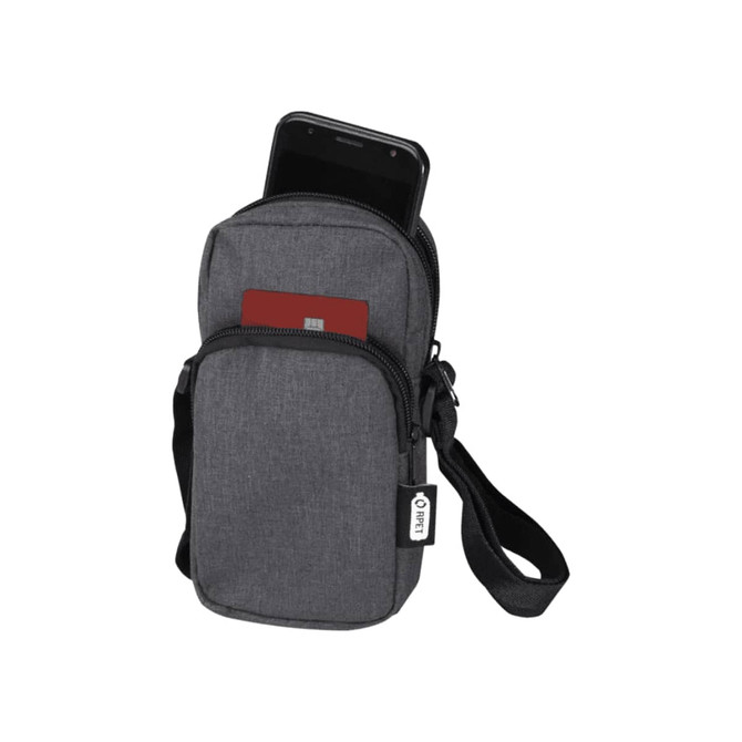 A grey recycled phone pouch with a zippered compartment and a phone inside, featuring a strap for carrying.