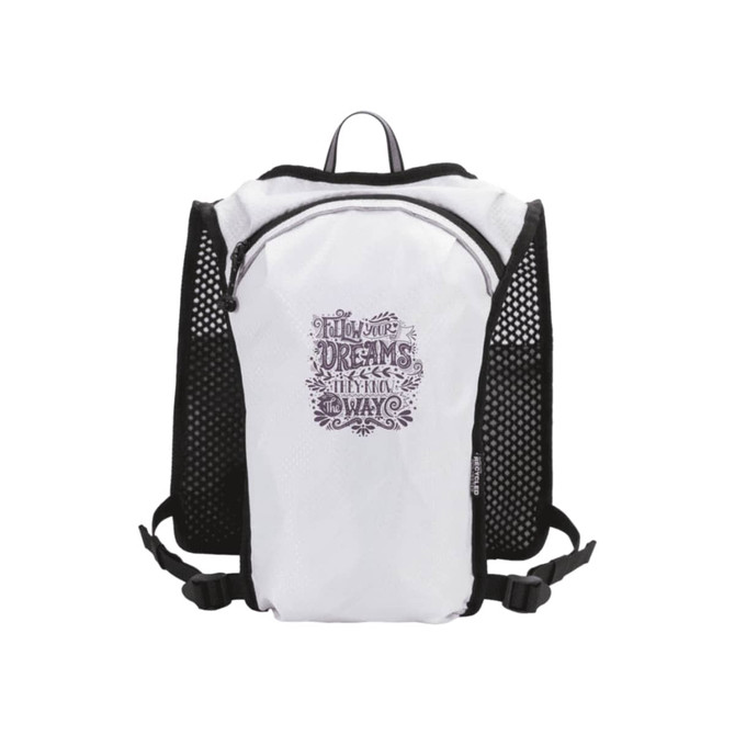 A white running vest hydration pack with black mesh sides and a zippered front compartment. It features a logo.