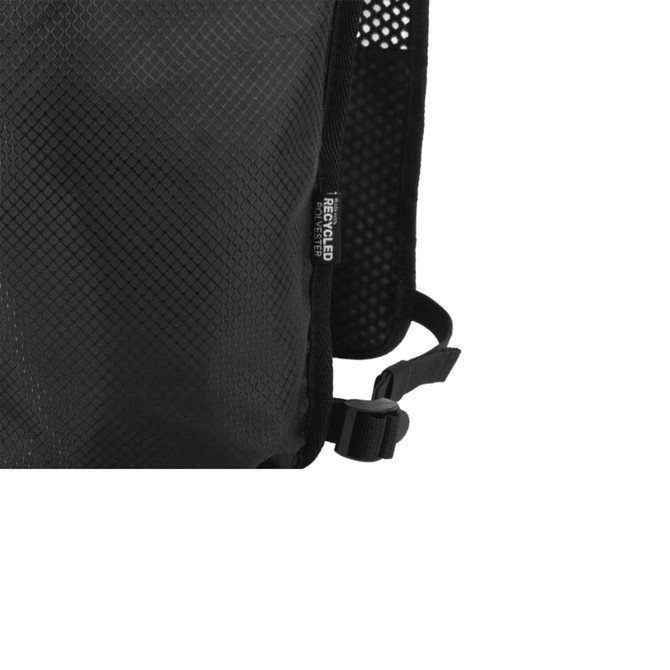 A black hydration pack made from recycled polyester, featuring mesh detailing and adjustable straps, including a logo.