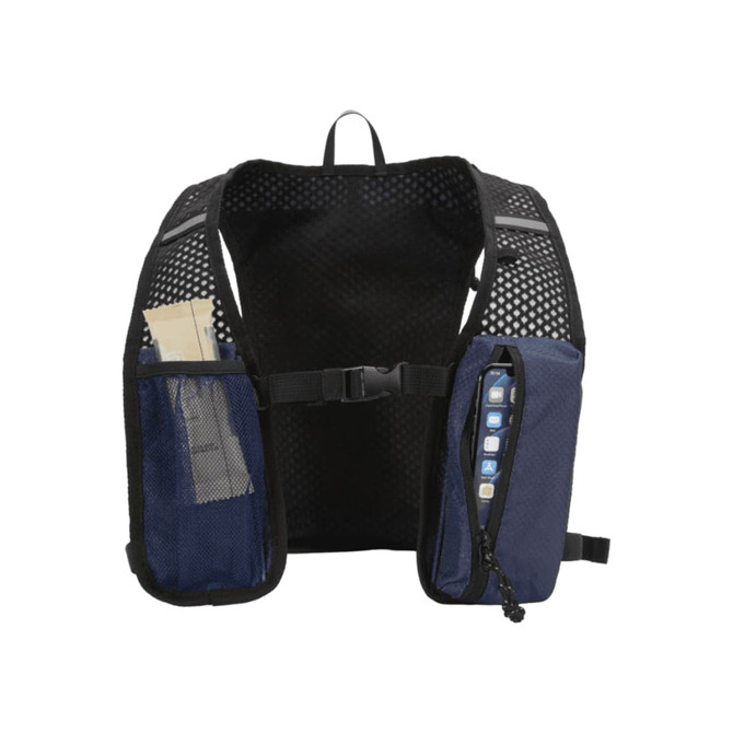 A navy blue hydration pack with mesh pockets and adjustable straps, featuring a logo on the front.